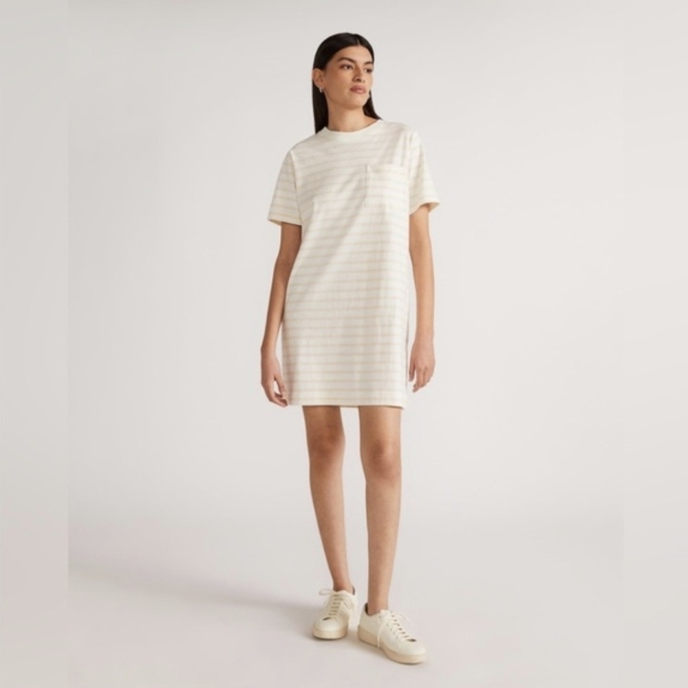 Everlane Organic Cotton White & Beige Striped T-shirt Dress